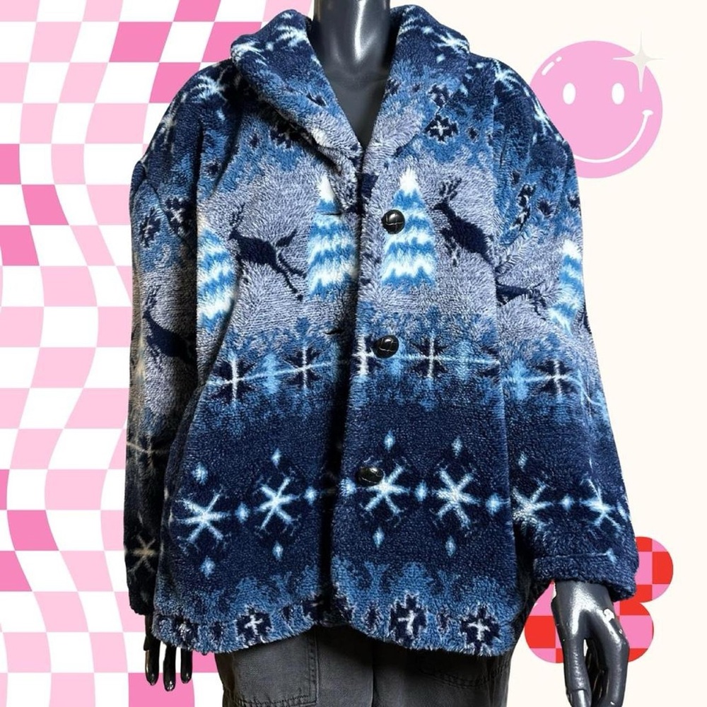 VINTAGE BLUE AND WHITE FUZZY FLEECE JACKET -LARGE